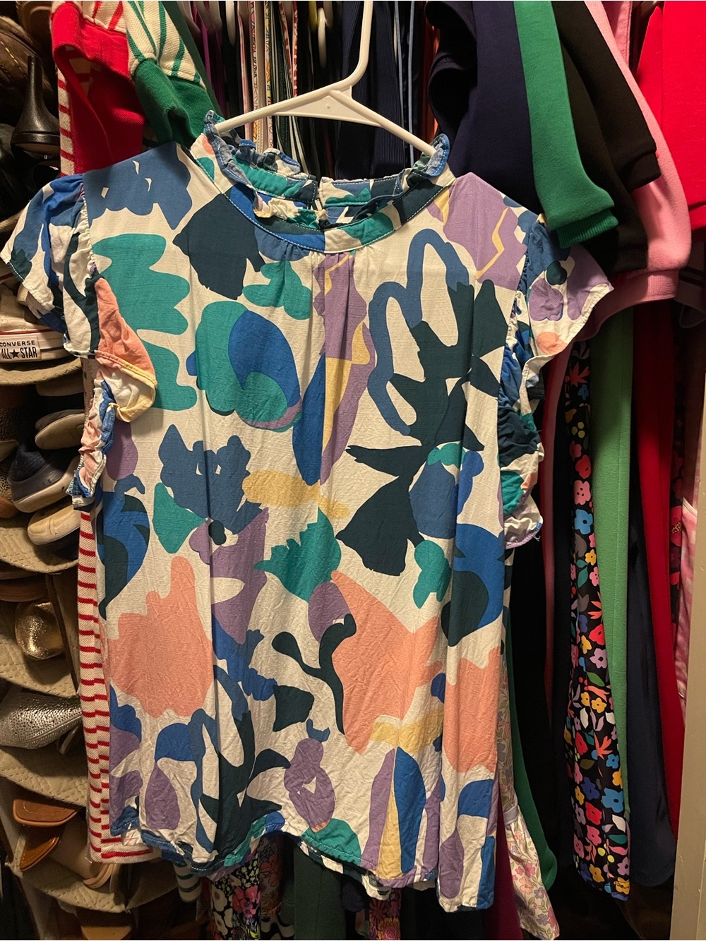 THML Multicolor Abstract Ruffle Sleeve Blouse